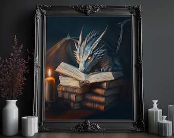 Fantasy Dragon Reading Print: Dark Academia Library Decor (Digital Download)
