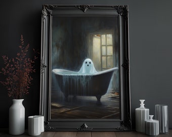 Ghost in Bathtub Vintage Oil Painting: Halloween Wall Art (Digital Download)