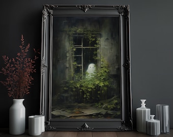 Ghost in Window Vintage Oil Painting: Gothic Halloween Art (Digital Download)