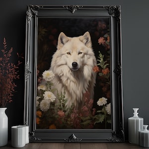 Wolf Print | White Wolf Painting | Vintage Oil Painting | Cottagecore Artwork | Forest Animal Art | Wildlife Dark Academia Print