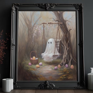 Niedlicher Geist auf Schaukel Print | Ostergeist Kunst | Vintage Ölgemälde | Cottagecore Kunstwerk | Viktorianische Gotische Kunst