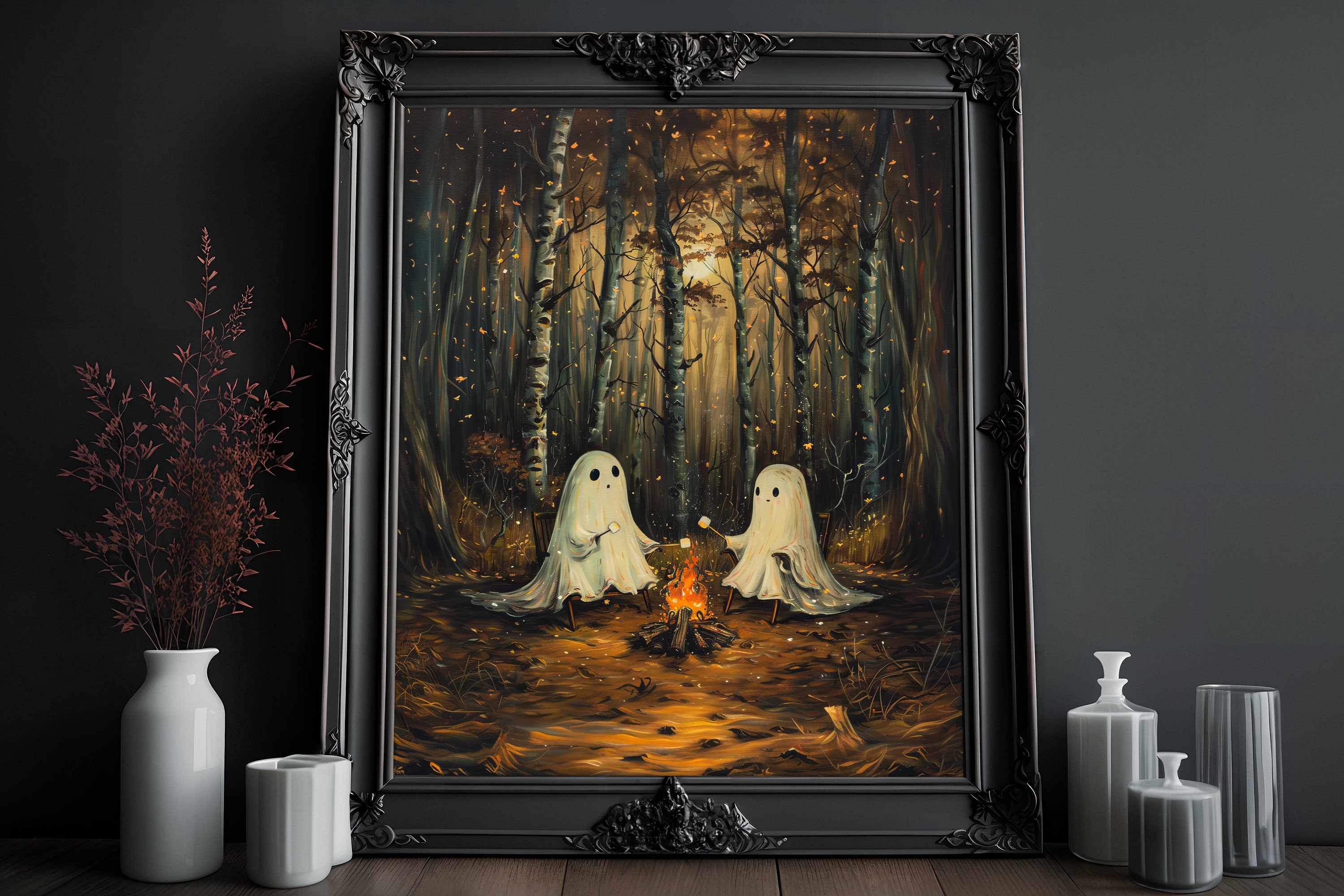 Ghosts at Campfire Art, Marshmallows: Dark Wall Art Decor (Digital Download)