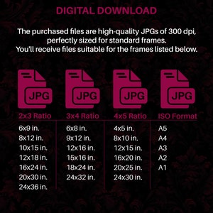 May include: A chart showing the different sizes of digital images available for download in JPG format. The chart includes 2x3, 3x4, 4x5 ratios and ISO formats. The sizes are listed in inches for the ratios and in standard ISO paper sizes for the ISO format.