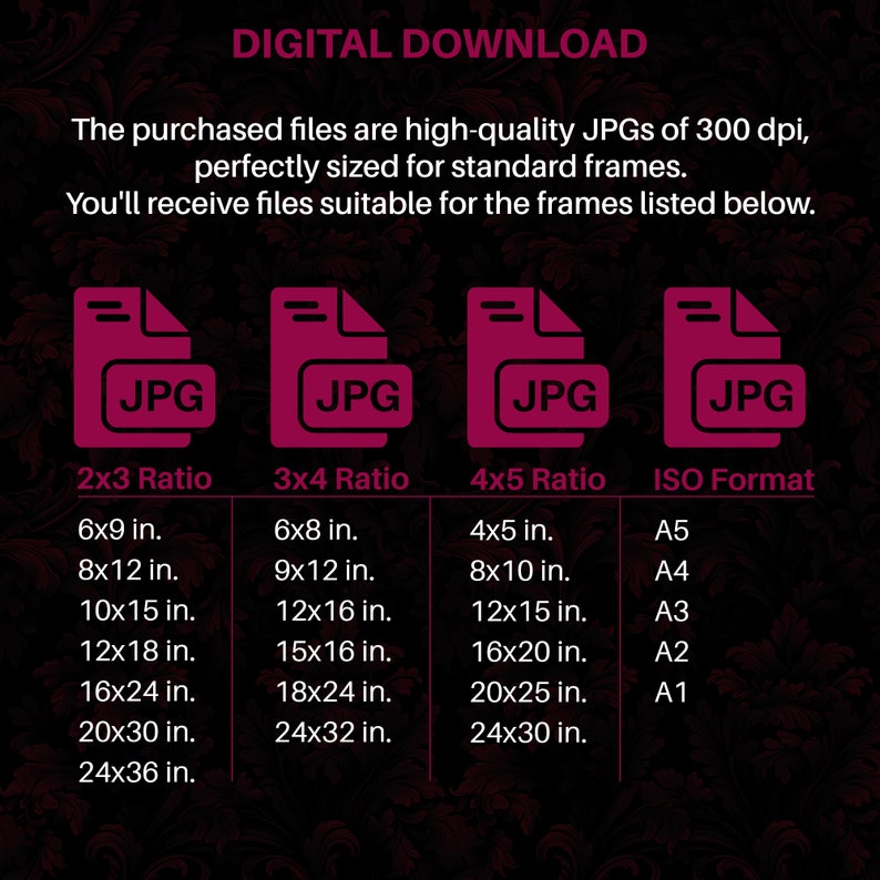 May include: A chart showing the different sizes of digital images available for download in JPG format. The chart includes 2x3, 3x4, 4x5 ratios and ISO formats. The sizes are listed in inches for the ratios and in standard ISO paper sizes for the ISO format.