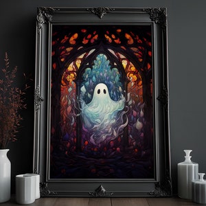 Impresión de fantasmas de vidrieras / Arte gótico / Cartel de óleo vintage / Impresión de Academia oscura / Decoración estética del hogar Cottagecore oscuro