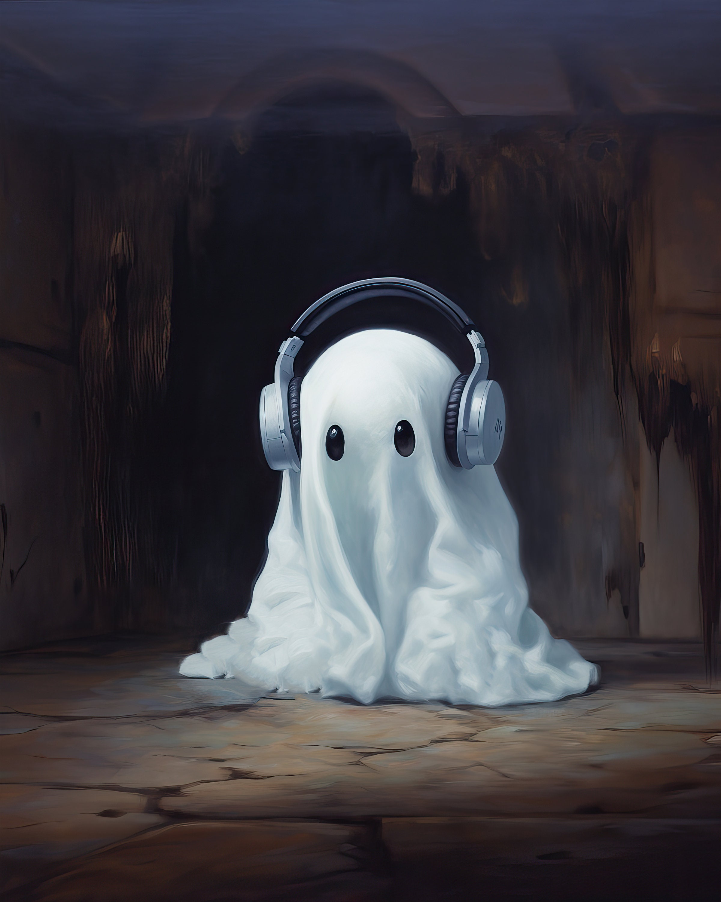 Cute Ghost With Headphones Print Gothic Art Vintage Oil Etsy