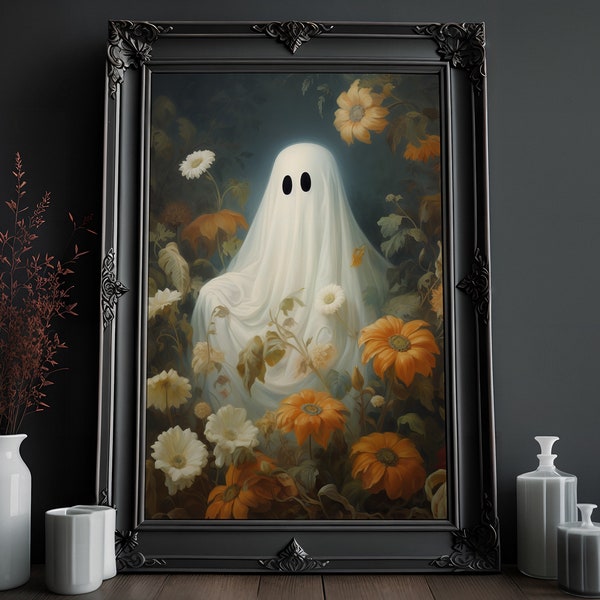 Ghost Print | Botanical Ghost | Cottagecore Print | Creepy Goth Wall Art | Vintage Oil Painting | Occult Art Print | Dark Home Decor