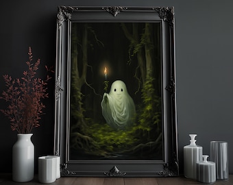 May include: A white ghost with a friendly face holds a lit candle in a dark forest setting. The ghost is wearing a white sheet and is standing in a clearing surrounded by trees and green foliage.