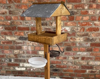 Bird Feeding Station Wooden Bird Table Slate Roof Wild Garden Bird Bath Water Dish Feeder hook READY MADE