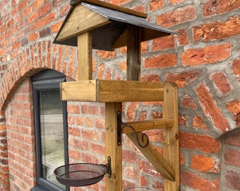 Wooden Wall Mounted Bird Table Bird Feeding Station  Fence Slate Roofed Bird Garden Seed Feeder Bath