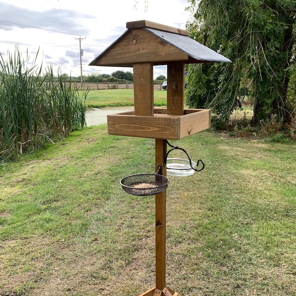 Bird Feeding Station Wooden Bird Table Slate Roof Wild Garden Bird Bath Water Dish Feeder hook READY MADE