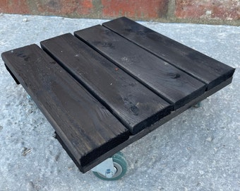 Plant Pot Caddy Wooden Mover Trolley Wheels Garden Planter Stand Casters Black Heavy Duty