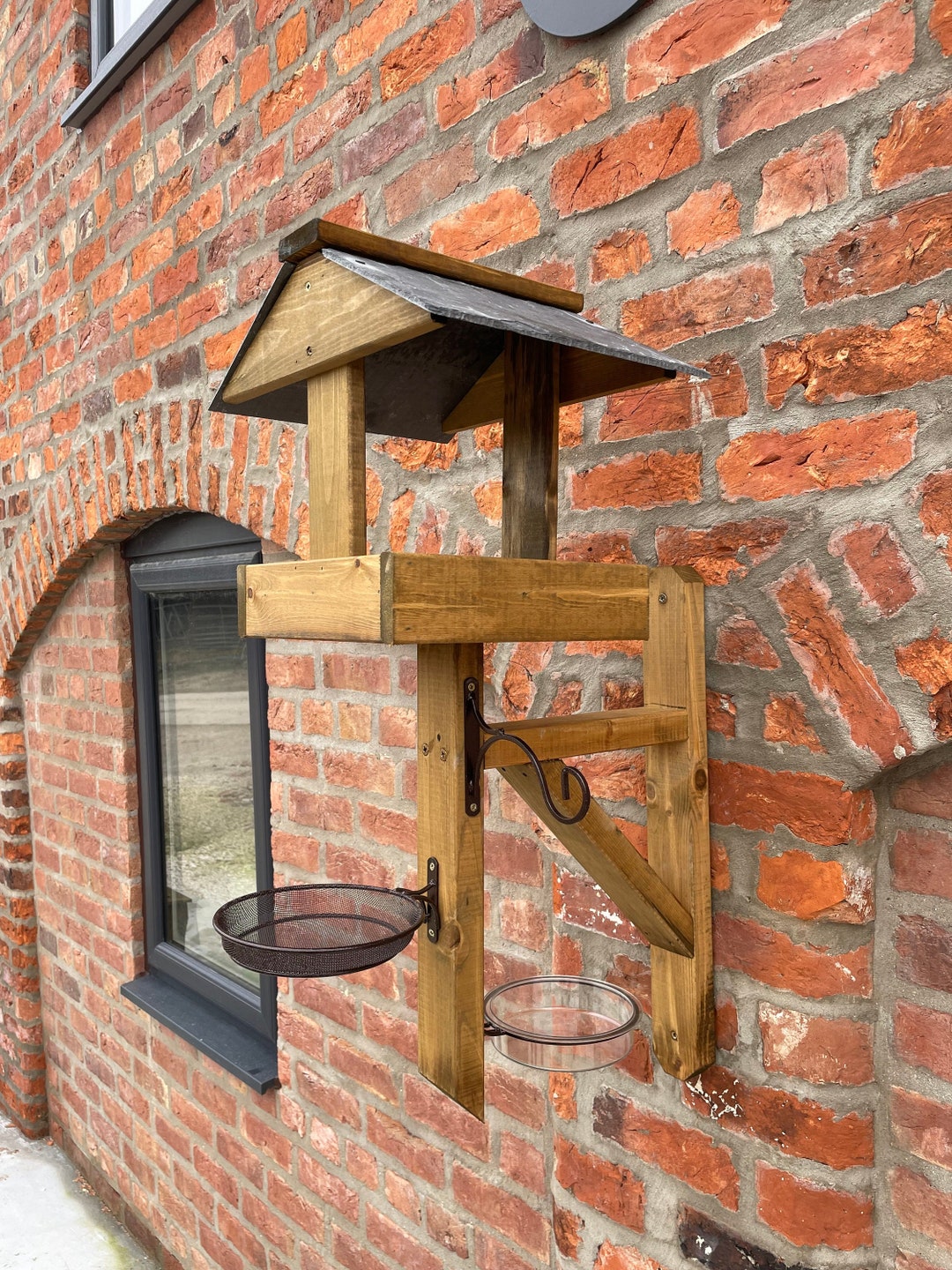 Wooden Wall Mounted Bird Table Bird Feeding Station Fence Slate Roofed