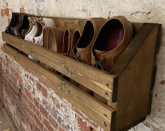 Wall Mounted Wooden Shoe Rack Storage Unit Chunky Rustic Shelves Heavy Duty Holds 6 Pairs of Shoes Extra Large FULLY ASSEMBLED