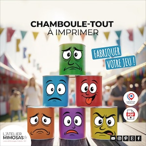 Peut inclure: Une pyramide de boîtes de conserve colorées avec des visages de dessins animés. Les boîtes sont vertes, bleues, rouges, oranges, violettes et jaunes. Le texte sur l'image dit "CHAMBOULE-TOUT À IMPRIMER" et "FABRIQUER VOTRE JEU!"