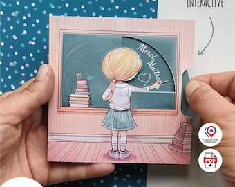 Carte à Tourner Merci Maîtresse | SVG Cricut | Modèle Carte Animée Rotative Idée Cadeau Fin d'Année Maîtresse ATSEM