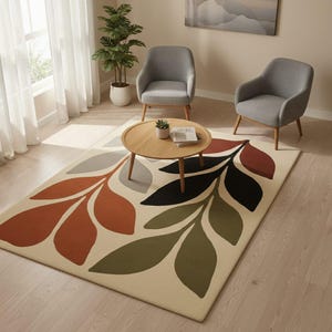 Modern Leaf Pattern Area Rug, Abstract Botanical Outdoor Carpet, Scandinavian Style Home Decor