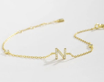 Gold Initial Bracelet | Gold Letter Bracelet | Plated Gold Bracelet | Diamond Letter Bracelet | Gift for Her | Anniversary | Personalised