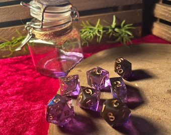 Obsidian Shard Dice w/ Jar - Purple & Gold Dice, Dice Set for DnD or TTRPG, 7 Piece Dice set with Jar, Sanded
