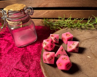 Dados rosa chicle con frasco - Dados rosas, juego de dados para DnD o TTRPG, juego de dados de 7 piezas con frasco
