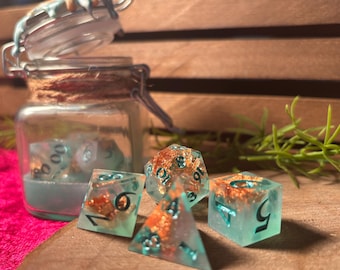 Siren Shore Dice w/ Jar - Ocean Blue & Copper Flake Dice, Dice Set for DnD or TTRPG, 7 Piece Dice set with Jar, Sanded
