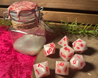 Blood & Bone Dice w/ Jar - Pink Dice, Dice Set for DnD or TTRPG, 7 Piece Dice set with Jar