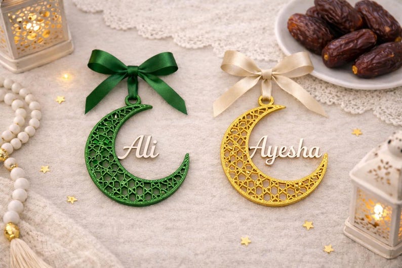 Personalised Eid Crescent Moon Ornament | Islamic Eid Decor | Custom Name Ramadan Decoration | Muslim Eid Gift | Arabic Crescent Moon Decor