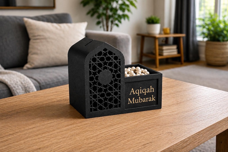 May include: A black wooden money box with a decorative geometric design and the words "Aqiqah Mubarak" in gold lettering. The box is filled with small, round, white objects and sits on a wooden table.