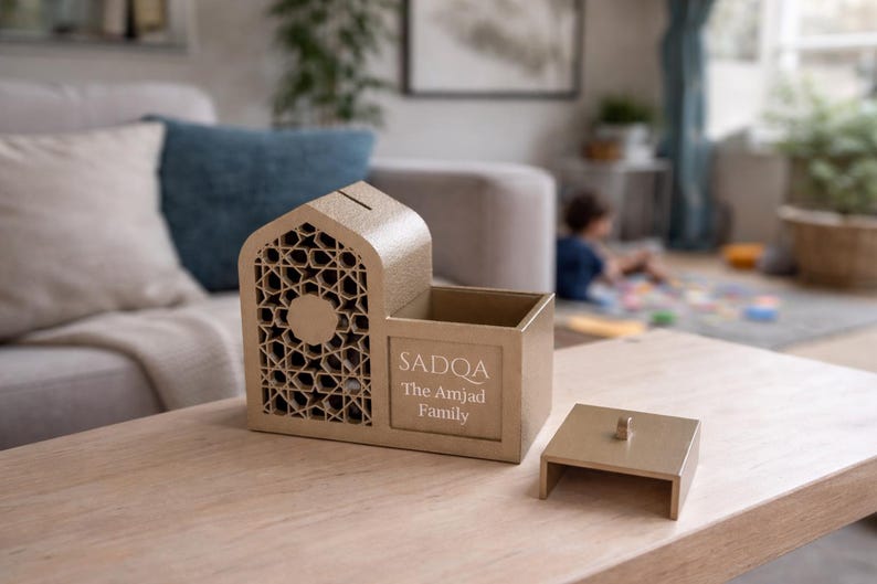 May include: A tan-colored decorative box with a geometric design and the text "SADQA The Amjad Family." The box has a slot on top and a separate lid. The box is on a wooden table.