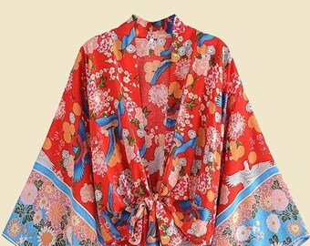 Bohemian Floral Kimono Robe: Chic Summer Cover-Up (Batwing Sleeves, Rayon Cotton)