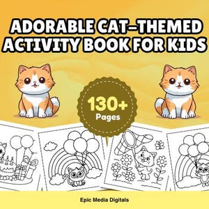 Adorable Cat Themed Activity Book for Kids, Instant Download PDF, Cute Kitten Coloring Pages Printable