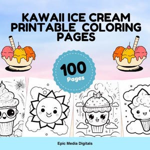 Kawaii Ice Cream Printable Coloring Pages, Ice Cream Coloring Book, Kawaii Summer Coloring Book