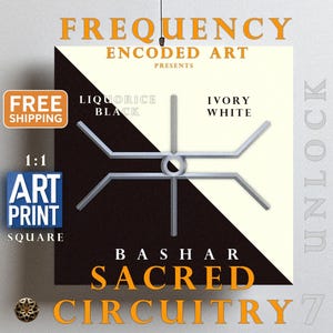 Könnte beinhalten: Ein digitaler Kunstdruck in Schwarzweiß mit geometrischem Design. Der Druck zeigt ein silbernes Metallic-Design auf einem schwarzen und weißen Hintergrund. Der Text "FREQUENCY ENCODED ART PRESENTS LIQUORICE BLACK IVORY WHITE BASHAR SACRED CIRCUITRY 7" ist auf dem Druck gedruckt.