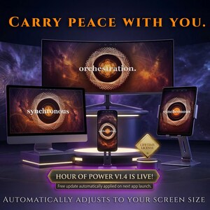 May include: A digital display setup featuring a curved monitor, a desktop computer, a smartphone, and a tablet, all showing a geometric pattern with the text orchestration and synchronous. A gold diamond badge reads LIFETIME LICENSE.