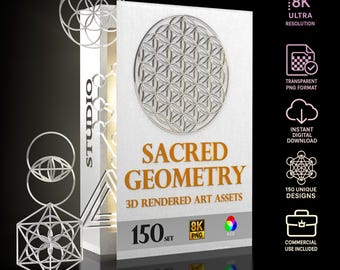 150 Sacred Geometry Symbols – 3D Mandala Art, 8K PNG (Digital Download)