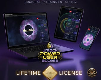 Könnte beinhalten: Werbebild mit einem Laptop, Tablet und Smartphone, die die Benutzeroberfläche der Software "Frequency Weaver" anzeigen. Der Laptop-Bildschirm zeigt das Wort "thankful" in einem geometrischen Design. Der Text "Unlock Power User Access" und "Lifetime License" ist enthalten.