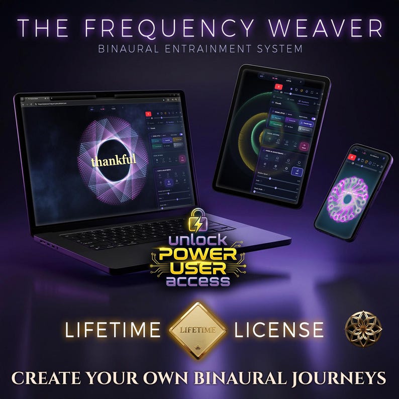 The Frequency Weaver software running on a laptop, tablet, and phone. A dark mode interface displays a complex geometric "Thankful" visualization. Gold badges on the right read "Unlock Power User Access" and "Lifetime License." Text: "Create Your Own Binaural Journeys." A professional meditation app for creating custom brainwave states.