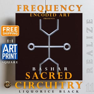 Könnte beinhalten: Ein geometrisches Design in Schwarz und Silber mit dem Text "FREQUENCY ENCODED ART PRESENTS BASHAR SACRED CIRCUITRY 11 LIQUORICE BLACK" auf weißem Hintergrund.
