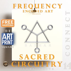 Könnte beinhalten: Ein weißer quadratischer Druck mit einem silbernen geometrischen Design und dem Text "FREQUENCY ENCODED ART PRESENTS BASHAR SACRED CIRCUITRY 14 IVORY WHITE CONNECT".