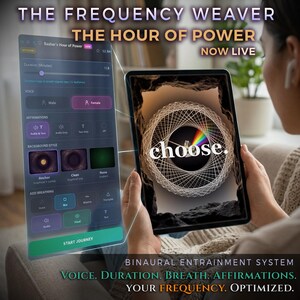 May include: A tablet displaying a digital interface titled The Frequency Weaver and The Hour of Power. The screen shows a geometric spiral graphic with a prism and the word choose. The app menu includes settings for voice, duration, and breathing.