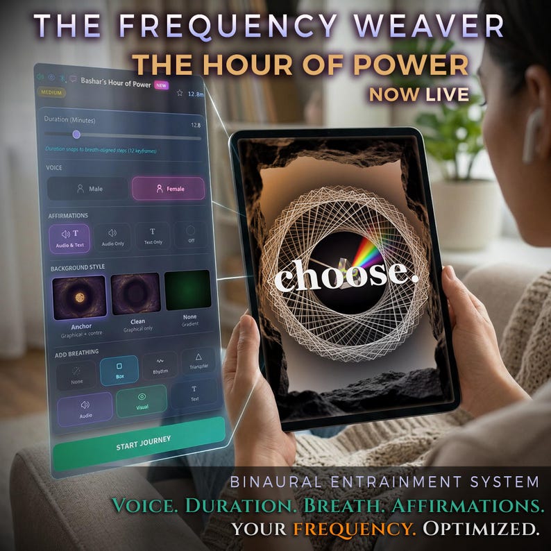 May include: A tablet displaying a digital interface titled The Frequency Weaver and The Hour of Power. The screen shows a geometric spiral graphic with a prism and the word choose. The app menu includes settings for voice, duration, and breathing.