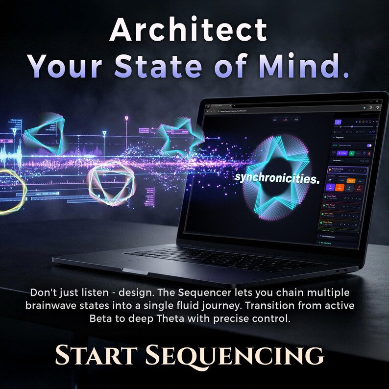 Laptop screen displaying the "Sequencer" timeline feature of The Frequency Weaver. A graphical timeline shows a wave moving from Beta to Theta states. Floating holographic geometry surrounds the screen. Text: "Architect Your State of Mind. Don't just listen - design." Shows the ability to program custom meditation journeys.