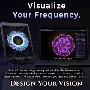 Two devices showing different visual entrainment modes. An iPad shows a custom background, and a laptop shows a complex custom uploaded glyph as a purple mandala. Text: "Visualize Your Frequency. Design Your Vision." Highlights the ability to upload custom art and control rotation speeds.