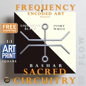 Könnte beinhalten: Ein geometrisches Design in Schwarz und Weiß mit den Worten "FREQUENCY ENCODED ART PRESENTS BASHAR SACRED CIRCUITRY 8 FLOW" in orange. Das Design ist eine stilisierte Darstellung einer Leiterplatte mit schwarzem Hintergrund und weißen Linien. Die Worte "LIQUORICE BLACK" und "IVORY WHITE" sind ebenfalls im Design enthalten.