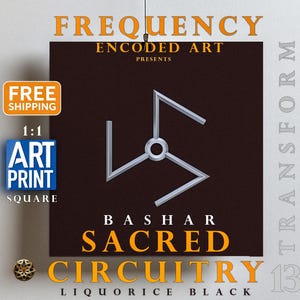 Könnte beinhalten: Ein digitaler Kunstdruck mit einem geometrischen Design in Silber auf einem dunkelbraunen Hintergrund. Der Text "FREQUENCY ENCODED ART PRESENTS BASHAR SACRED CIRCUITRY 13 LIQUORICE BLACK" ist unter dem Design gedruckt.