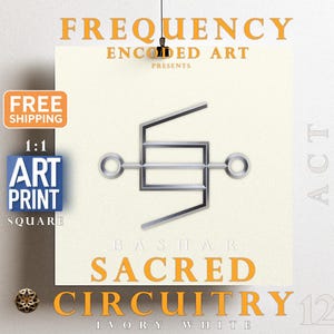 Könnte beinhalten: Ein weißer quadratischer Druck mit einem silbernen geometrischen Design und dem Text "FREQUENCY ENCODED ART PRESENTS BASHAR SACRED CIRCUITRY 12 IVORY WHITE".