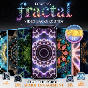 Könnte beinhalten: Ein Smartphone zeigt ein lila-weißes Fraktal-Design, umgeben von anderen Fraktal-Video-Hintergründen. Der Text lautet "LOOPING fractal VIDEO BACKGROUNDS". Zusätzlicher Text lautet "STOP THE SCROLL. SPARK ENGAGEMENT."