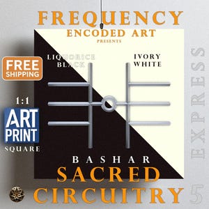 Könnte beinhalten: Ein geometrisches Design in Schwarz und Weiß mit einem silbernen Gittermuster. Das Design trägt den Titel "Bashar Sacred Circuitry 5" und wird von Frequency Encoded Art präsentiert. Das Design ist in Schwarz-Lakritz und Elfenbeinweiß erhältlich.