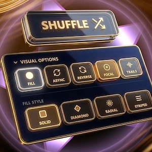 May include: A digital interface panel featuring a dark blue background with gold trim and glowing gold text. The top button reads SHUFFLE. Below, a larger panel displays VISUAL OPTIONS including FILL, ASYNC, REVERSE, FOCAL, TRAILS, and FILL STYLE options.