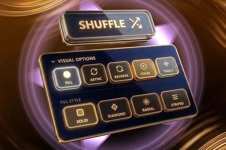 May include: A digital interface panel featuring a dark blue background with gold trim and glowing gold text. The top button reads SHUFFLE. Below, a larger panel displays VISUAL OPTIONS including FILL, ASYNC, REVERSE, FOCAL, TRAILS, and FILL STYLE options.
